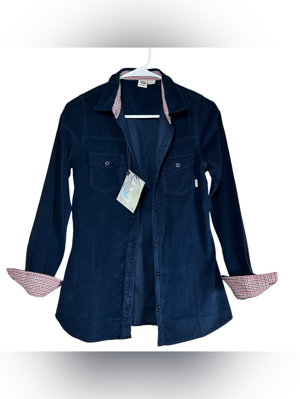 Roxy Navy Blue Corduroy Utility Button Down Shirt Medium NWT